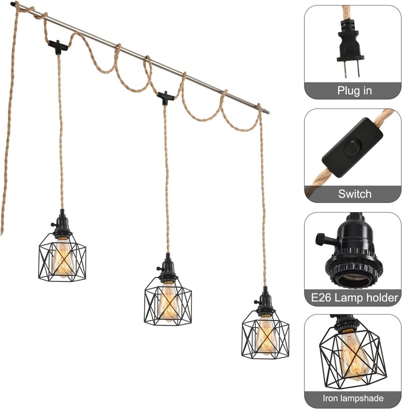 KENMI 3-Light Hanging Light with Plug in Cord,Plug in Pendant Light 22ft Hemp Rope Pendant Lighting Vintage 3-Light Hanging Lamp Fixtures for Kitchen Island Living Room Bedroom - Image 2